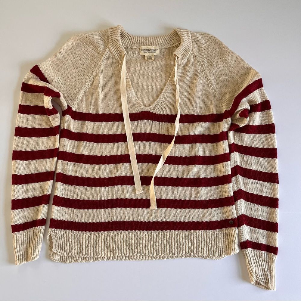 Denim & Supply Ralph Lauren Sz Large Red Cream Stripe Preppy 100% Linen Sweater